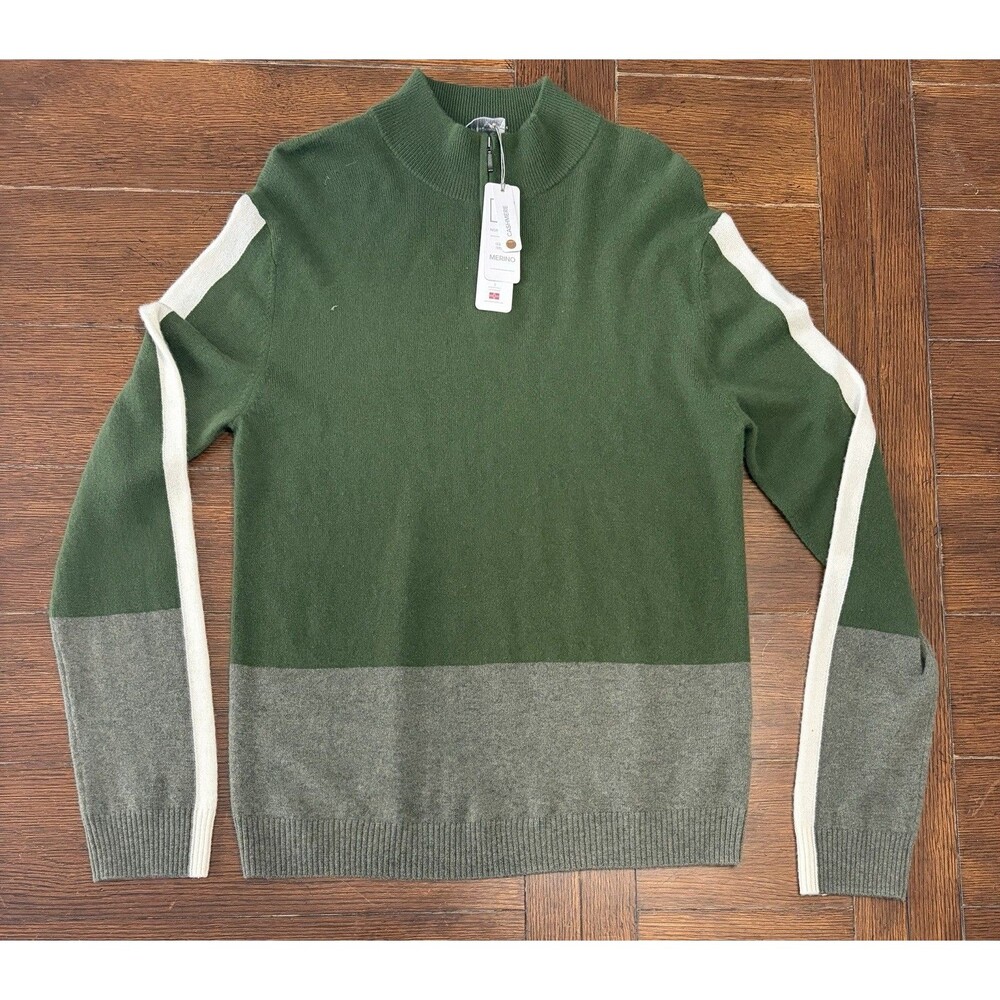 We Norwegians Sweater Mens Green And Grey 1/4-Zip 100% Cashmere Sz M NWT